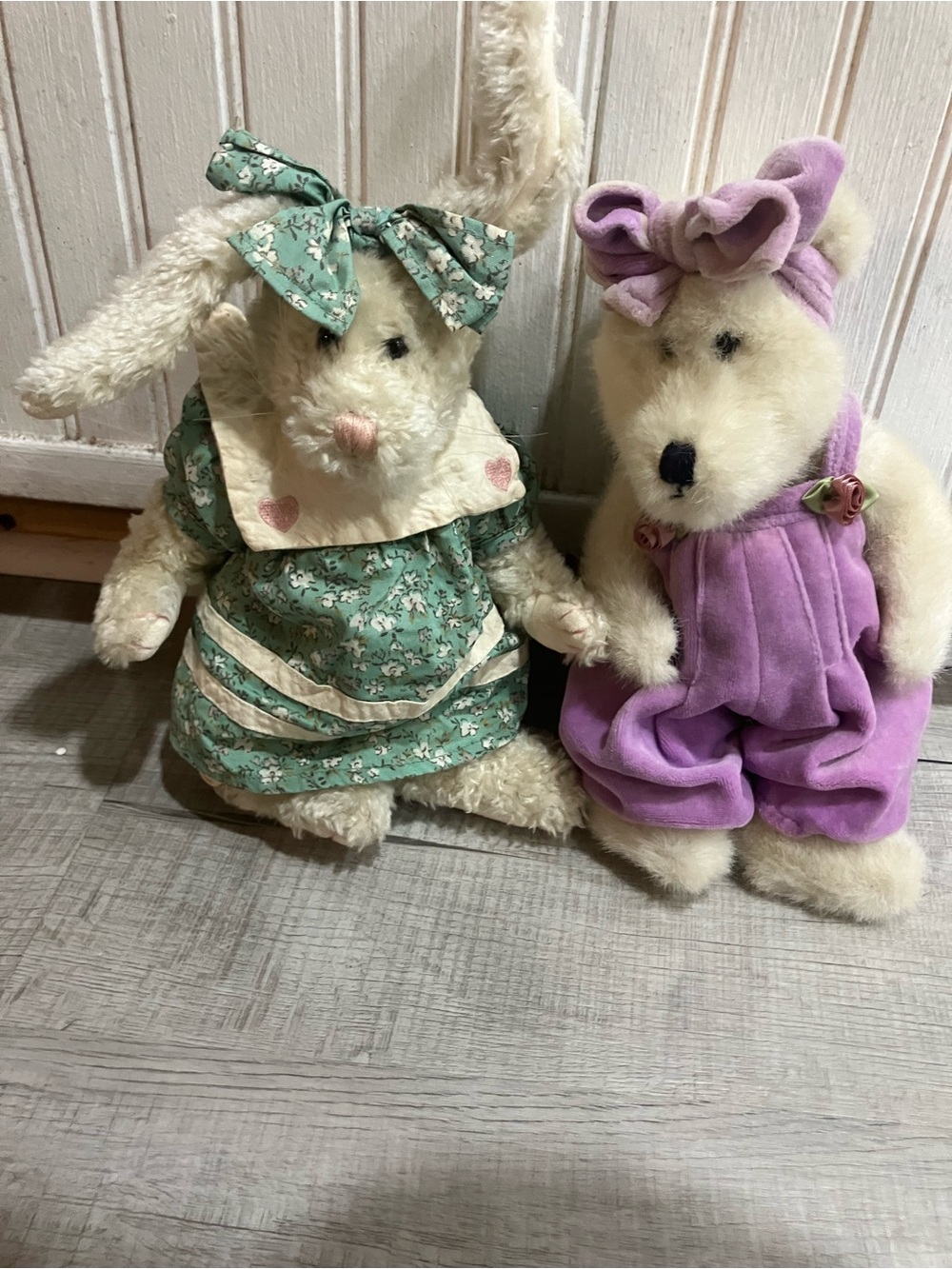 Boyds Bears Cream Plush Bunny Pair with Green Floral Dress and Lavender Overalls